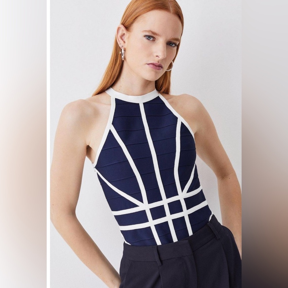 Karen Millen Navy and White Geometric Bodysuit